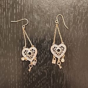 Gold Heart Dangle Earrings with Key and Lock Charms
